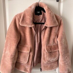 YMI Pink Fuzzy Cropped Aviator Jacket - M